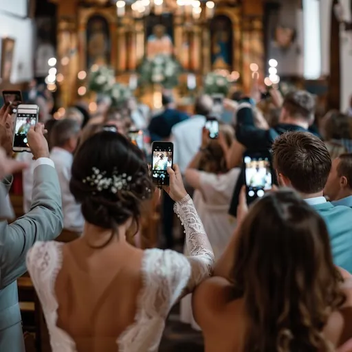 Wedding guests take pictures of the bride and groom with their smartphones